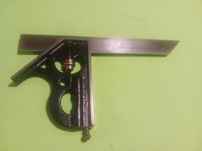 ANTIQUE ATHOL MACH CO.  COMBINATION SQUARE 3PCS HEAD,STARRETT 9'' RULE & SCRIBE