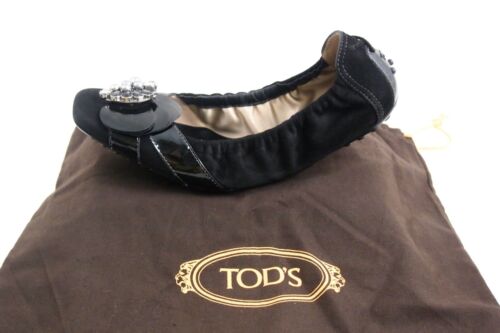 Tod's Bejeweled Ballet Flats Black Suede Women Size EU 38 US 8 - Picture 1 of 9
