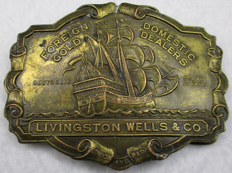 Vintage Livingston Wells & Co Belt Buckle Clipper ship Gold dealers colonial age