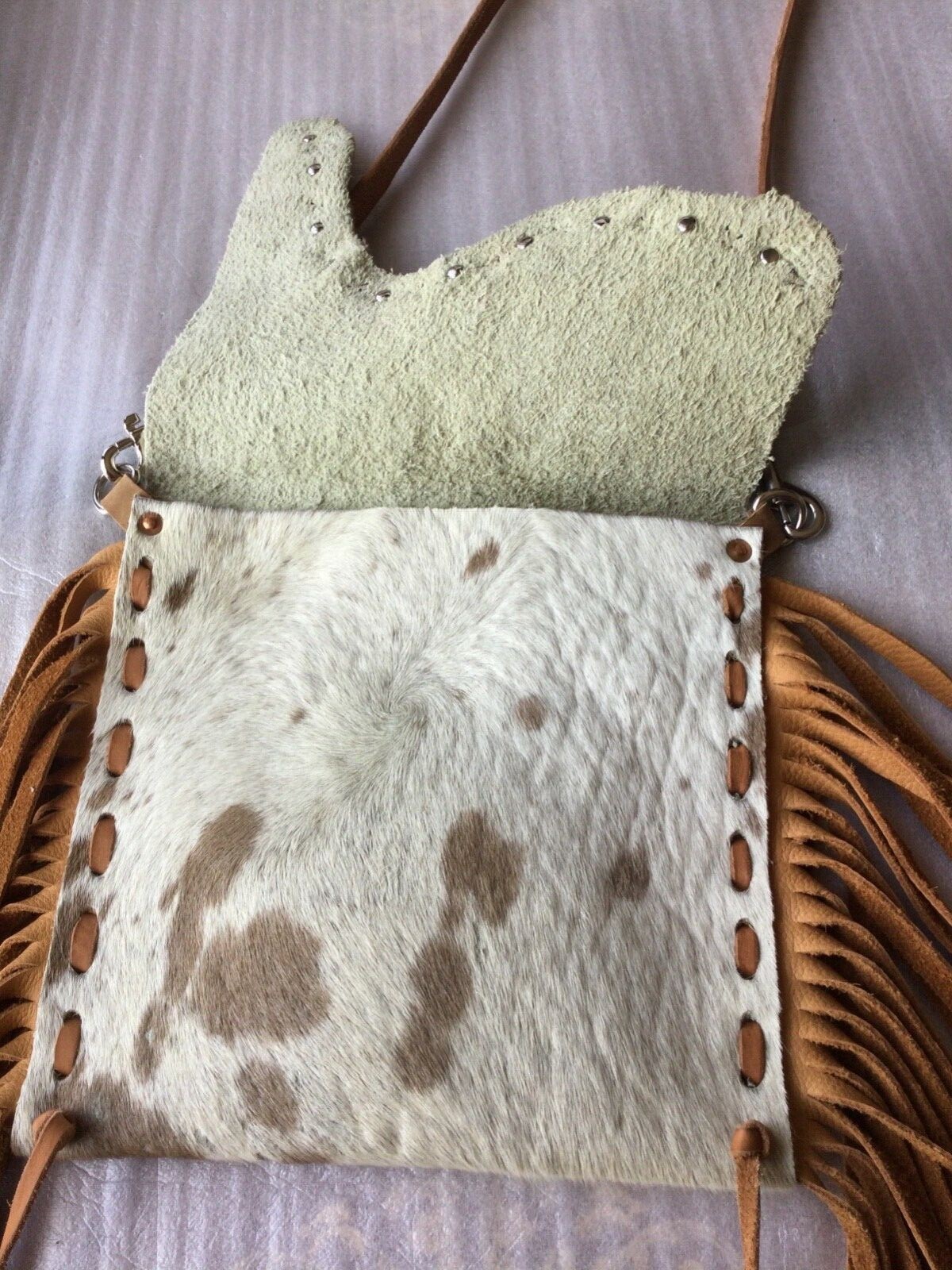 Pony Calf Hair FUR Leather FRINGE CROSSBODY Embellish… Gem