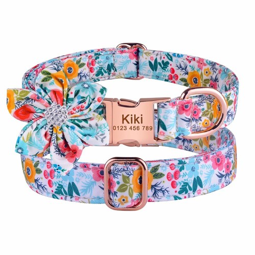 Flower Personalised Girl Dog Collar Engraved Puppy Name ID Tag Quick Release - Picture 6 of 22