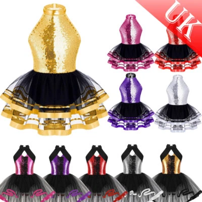 IEFIEL UK Girls Ballet Dress Sparkly Jazz Performance Costume Halter Neck Tutu Dress