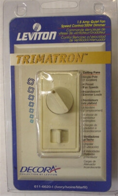 Leviton 611-6620-I0 Ivory Decora Trimatron 1.5 Amp Quiet Fan Speed Control