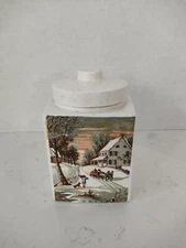 Vintage Snow Scene Tea Caddy Ceramic Canister Cork Lined Lid Winter Transfer