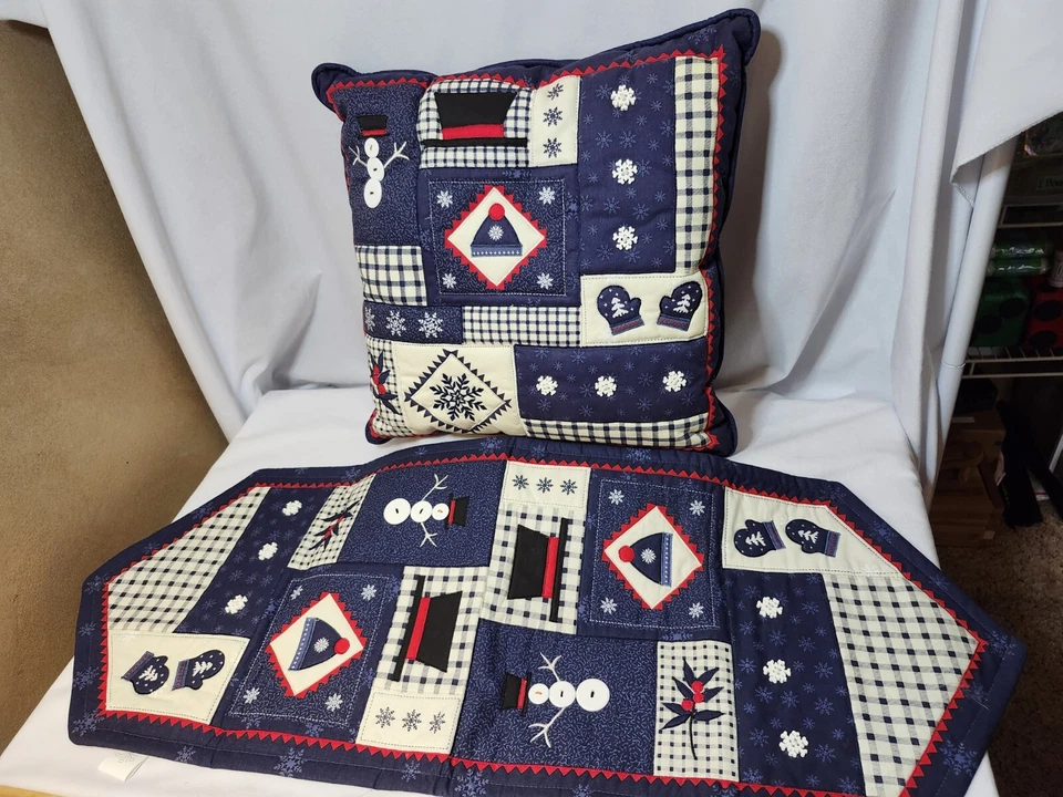 Blue Kohls Holiday Pillow (17"x17") & 35"x13" Table Runner Snowman Multi-pattern - Image 4 of 4