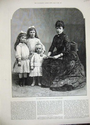 Original alter antiker Druck 1889 Königin Regent Spanien Kinder Mutter Königskunst
