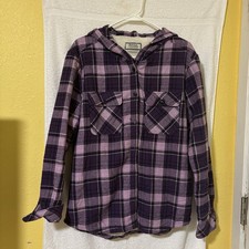 Boston Traders Jacket Womens M Purple Plaid Flannel Sherpa Lined Hooded Shacket
