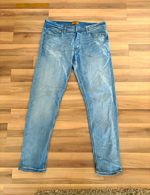 JACK & JONES Herren Jeans Blau W34/L34 Gerades Bein Denim Baumwolle Logo