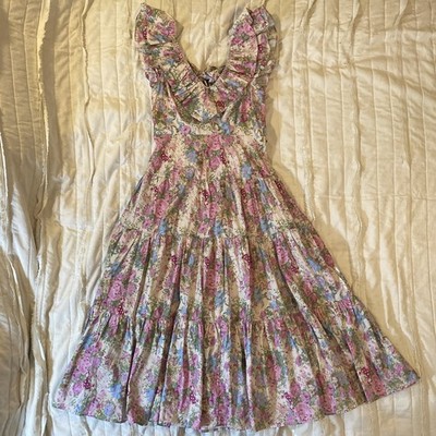 Sofie the Label Dress Womens Small Bobbie Floral Midi Ruffle Open Back Tie