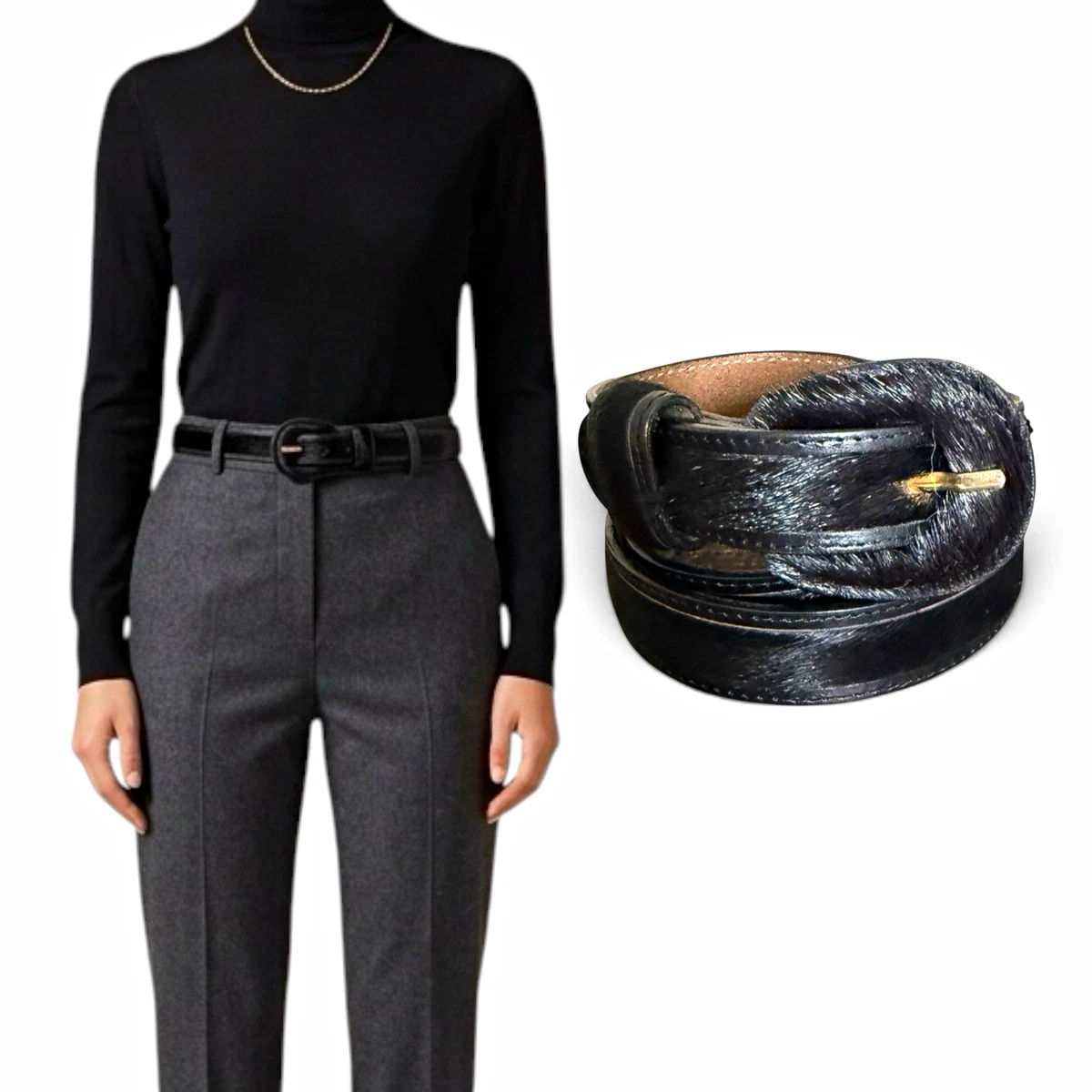 Vintage Tanner Black Calf Hair Leather Belt Size L Made in Holland Gold Buckle