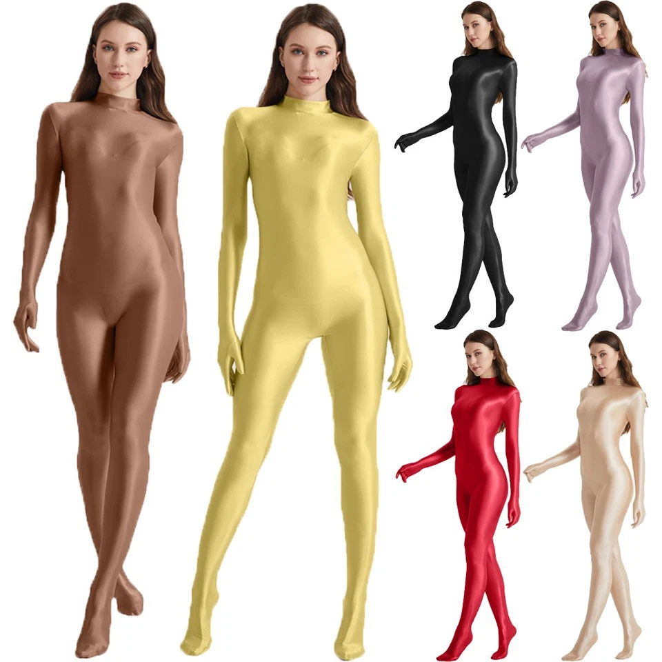 Damen Glitzer Einteiler Overalls Stretch Langarm Fitness Cosplay Zentai Bodysuit - Bild 2 von 4