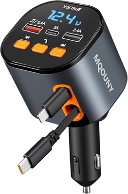 Retractable Car Charger,5 in 1 Fast Cars Phone Charger 90W,Bluetooth 5.3 Black