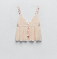 ZARA Light Pink Cropped Tank Floral Straps Size Medium