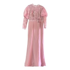 Vintage Pink Lace Maxi Dress 3D Floral Applique Long Sleeve Formal Evening Gown