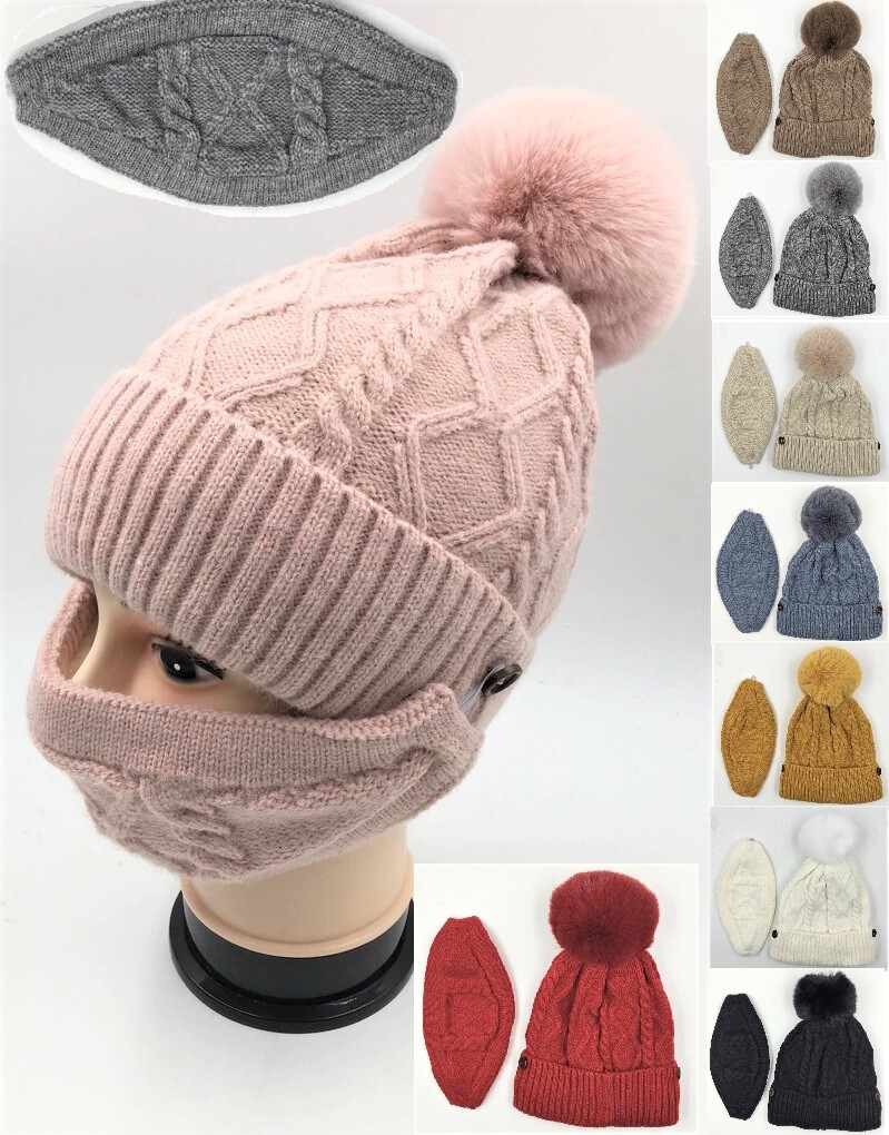 ポム Warm Winter Ski Beanie Hat Knit Fur Braid Woven Rhombus Diamond