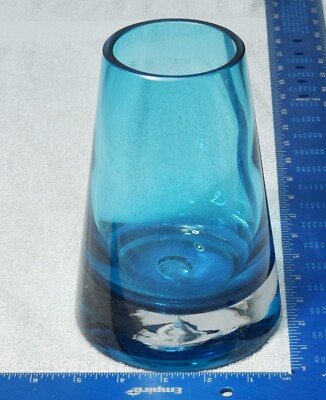 MCM Krosno Poland Art Glass Tapered Turquoise Vase With Clear Bottom With...