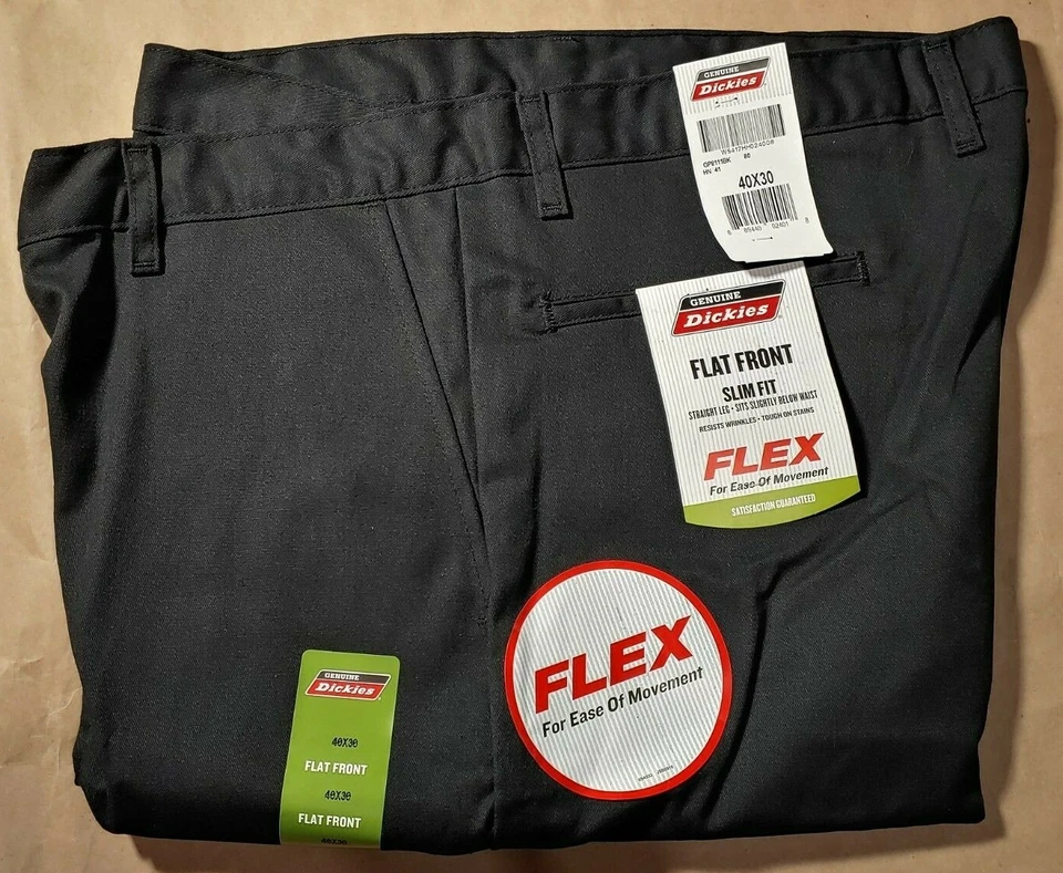 Pantalones de Trabajo Dickies Para Hombre Frente Plano Flexible Pierna Recta Calce Ajustado Negros Talla 40x30 Foto 3 de 4