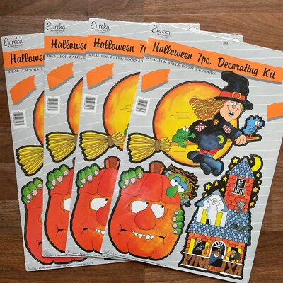 90s Lot 4 Eureka 7 Pc Halloween Decorating Kit Witch Cat Skeleton Monster Coffin
