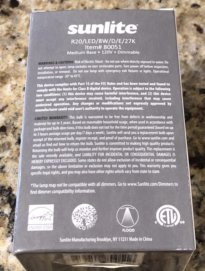 Sunlite R20 LED 8 Watt (50W Equivalent) Dimmable 2700K WARM WHITE Item: 80051 - Image 3 of 4