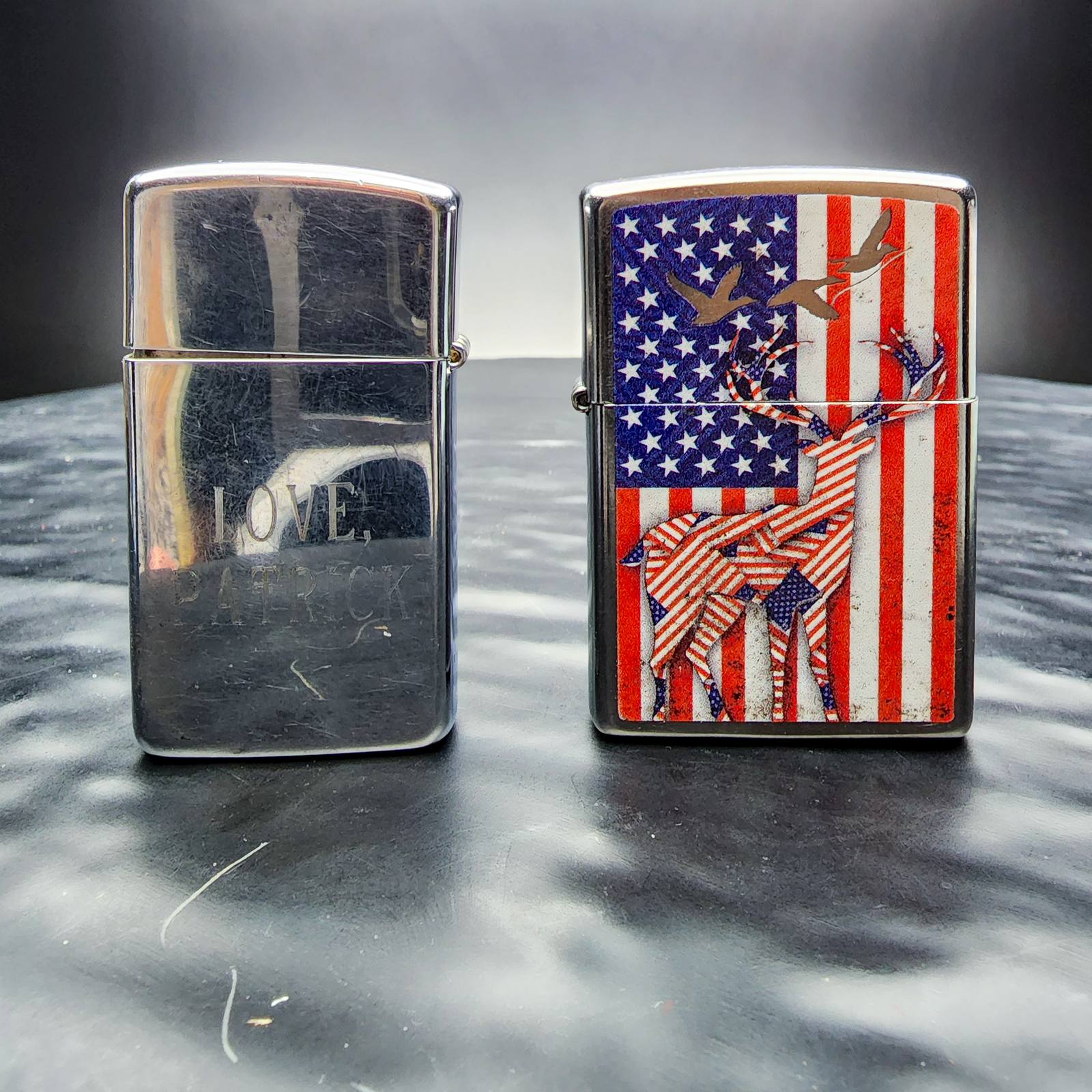 Lot of 2 Zippo Lighters Slim Always Thinking & Flag Chrome
