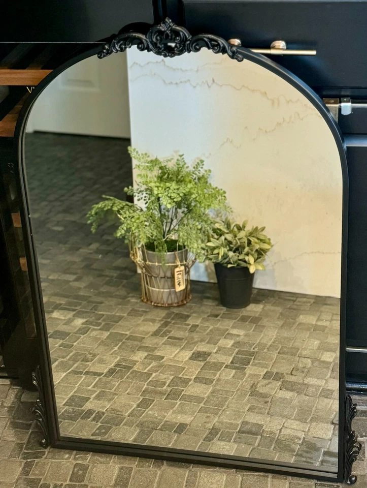 Espelho de parede arqueado vintage antigo-preto tradicional ornamentado barroco francês 32,5" - Imagem 4 de 4