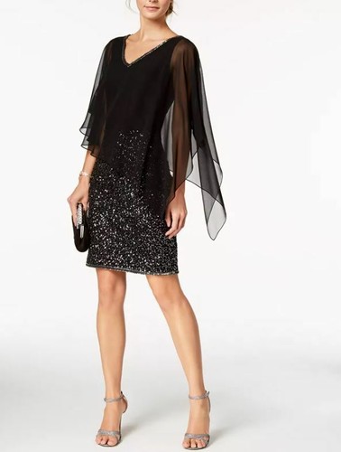 poncho overlay sequin sheath dress