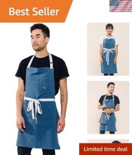 Unisex Vintage Blue Linen Apron with Pockets - Ideal for Chefs and Baristas