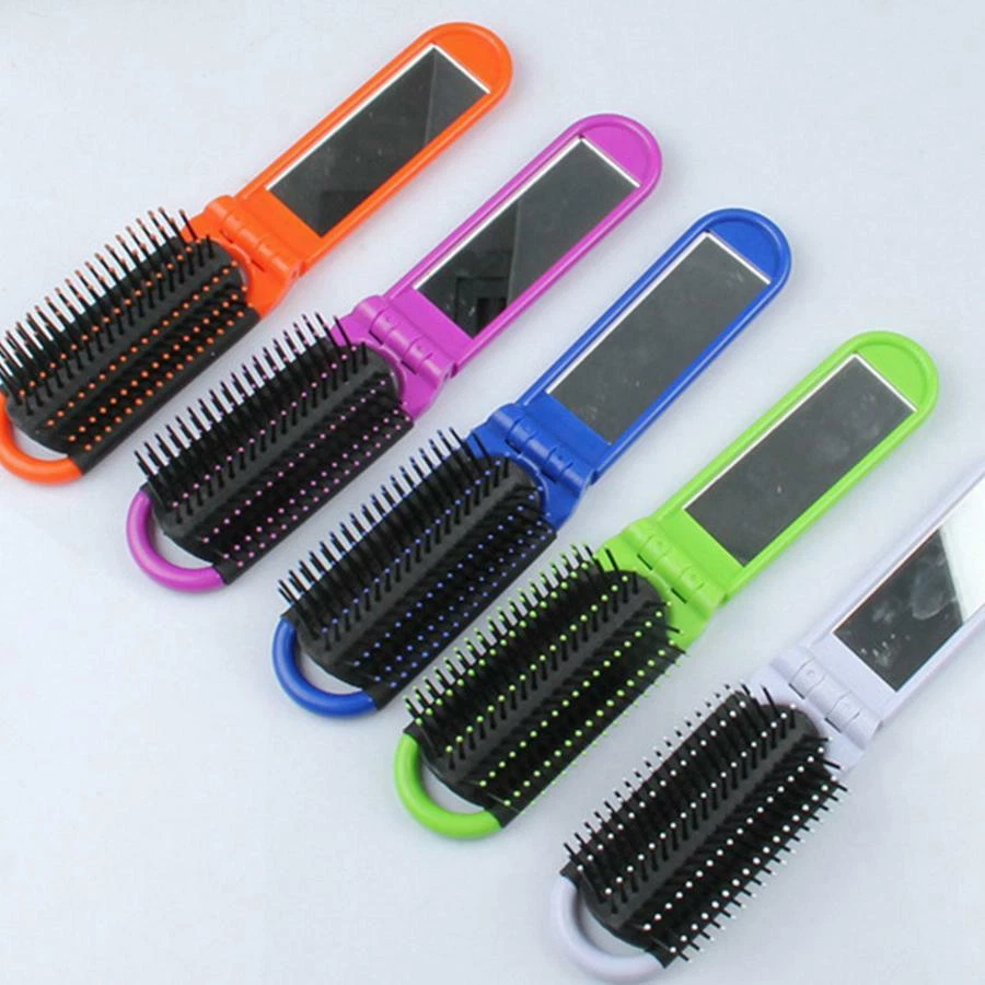 Portable Folding Hair Brush With Mirror Compact Travel Comb  - Image 3 of 4