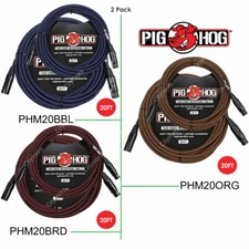2 PACK PIG HOG PHM20ORG/ BBL/ BRD/ BKW High Performance Woven XLR Mic Cable 20Ft