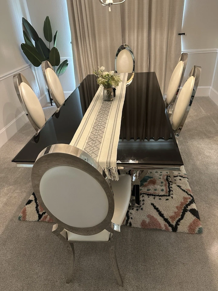 Modern Glass Dining Table Set with 6 Chairs and Metal Accents - Image 4 of 4