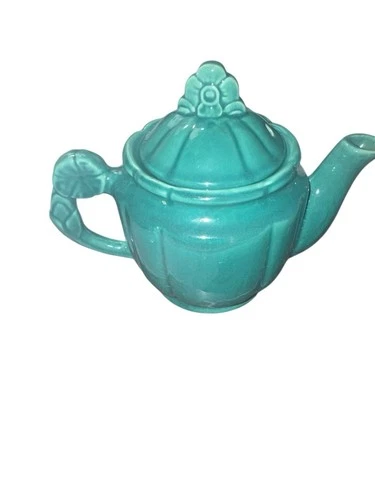 Vintage Shawnee Pottery Tea Pot Green Turquose Flower Handle Lid 1940s USA