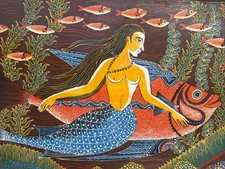 Mermaid With School Of Fish Ocean LARGE Framed Batik Folk Art Painting Vintage