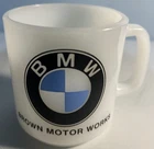 Vintage Glasbake BMW Milk Glass Mug Pristine Brown Motor Works Promotional Cup