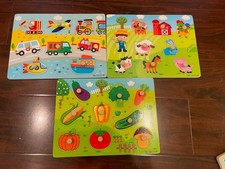 Wooden Peg Baby Toddler Puzzles for Kids   3 Pack: Fruit Animals Vehicles