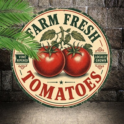 Farm Fresh Tomatoes Vegetable Market Round Metal Sign Grocery Wall Decor