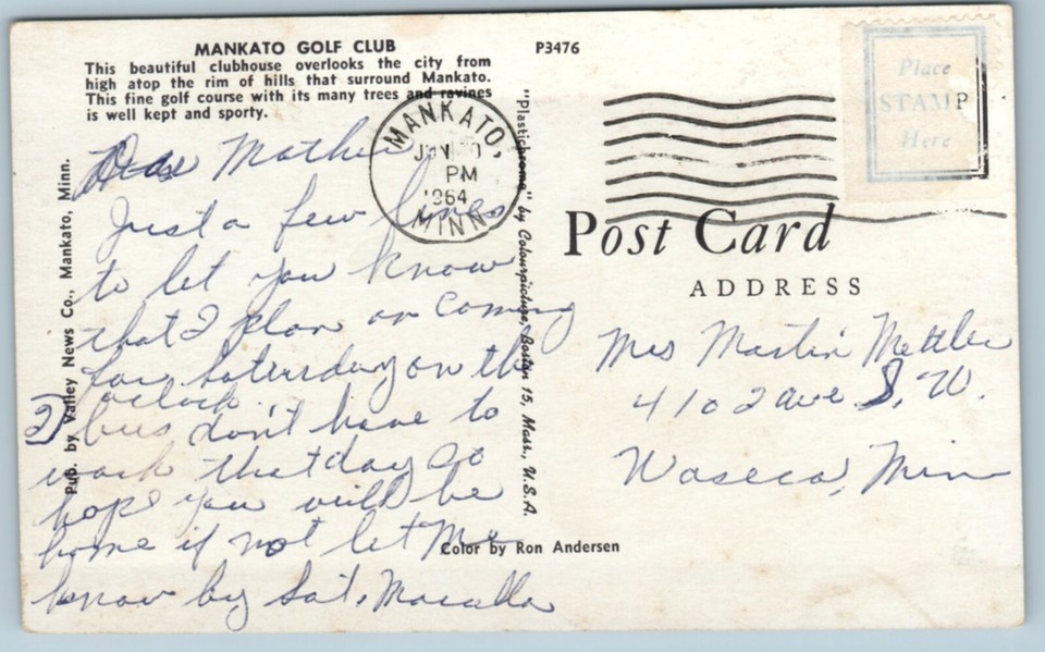 Postcard MN Mankato Golf Club Clubhouse Minnesota June 1964 eBay