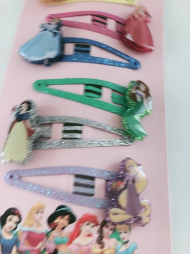 NEW Girl Kids Children 6 Princesses Ariel Snow white Snap Hair Clips Pin Set - Afbeelding 2 van 11