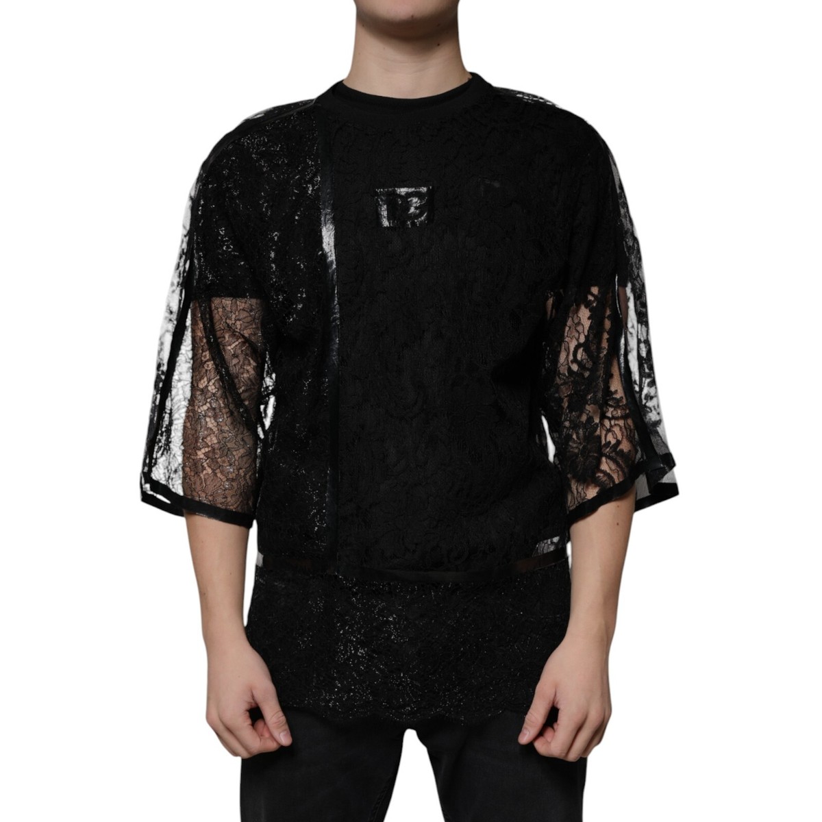 DOLCE & GABBANA T-shirt Black Nylon Floral Lace Crew Neck IT50