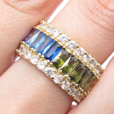 925 Sterling Silber vergoldet Multi-Schliff & Farbe C Z Eternity Ring Größe 7,75