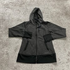 Eddie Bauer Full Zip Hoodie Sweatshirt Womens Small Gray Black Fleece Thumbholes