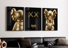 Set of 3 Gold Kaws Art pieces canvas wall home decor Portrait Gallery