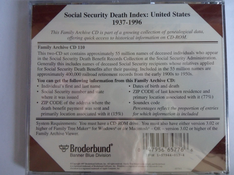 Family Tree Maker Archives Social Security Death Index 1937 - 1996 USA NEW 2 CD - Image 2 of 4