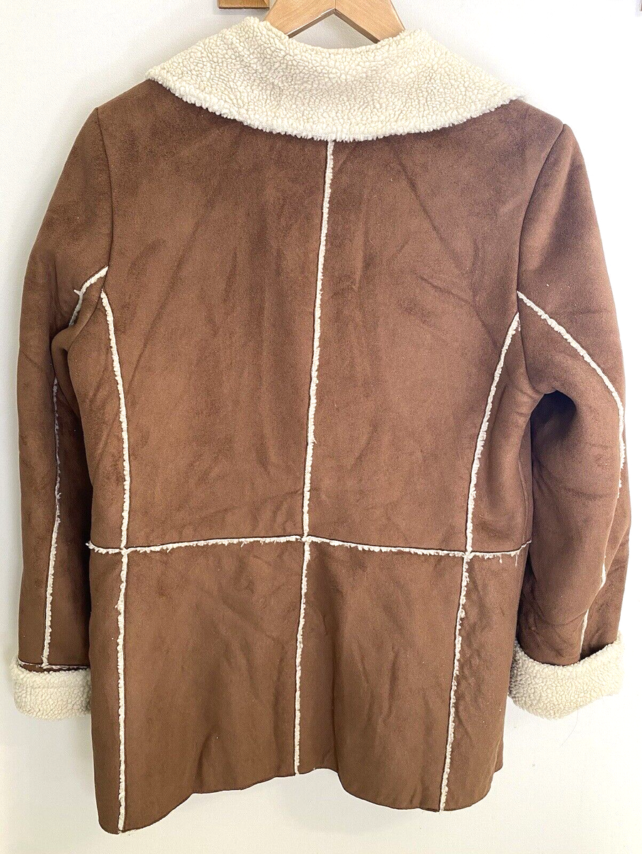 Vtg 70s Brown Faux Suede Coat Jacket Sherpa Lined Buttons Hippie