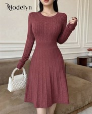 Modelyn Women's Elegant Twist Rope Knitted Long Sleeve Crew Neck Dress