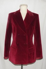 St John Double Breasted Tuxedo Blazer Jacket Red Velvet w/Beaded Ribbon Trim 6