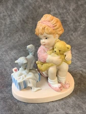 Willitts Designs Porcelain Figurine 5056 Girl W/Teddy Bear Watching Kitten 1985
