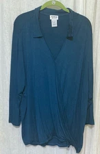 Monroe & Main Woman’s Blue Rayon Stretch Faux Wrap Collared Blouse Size 3X