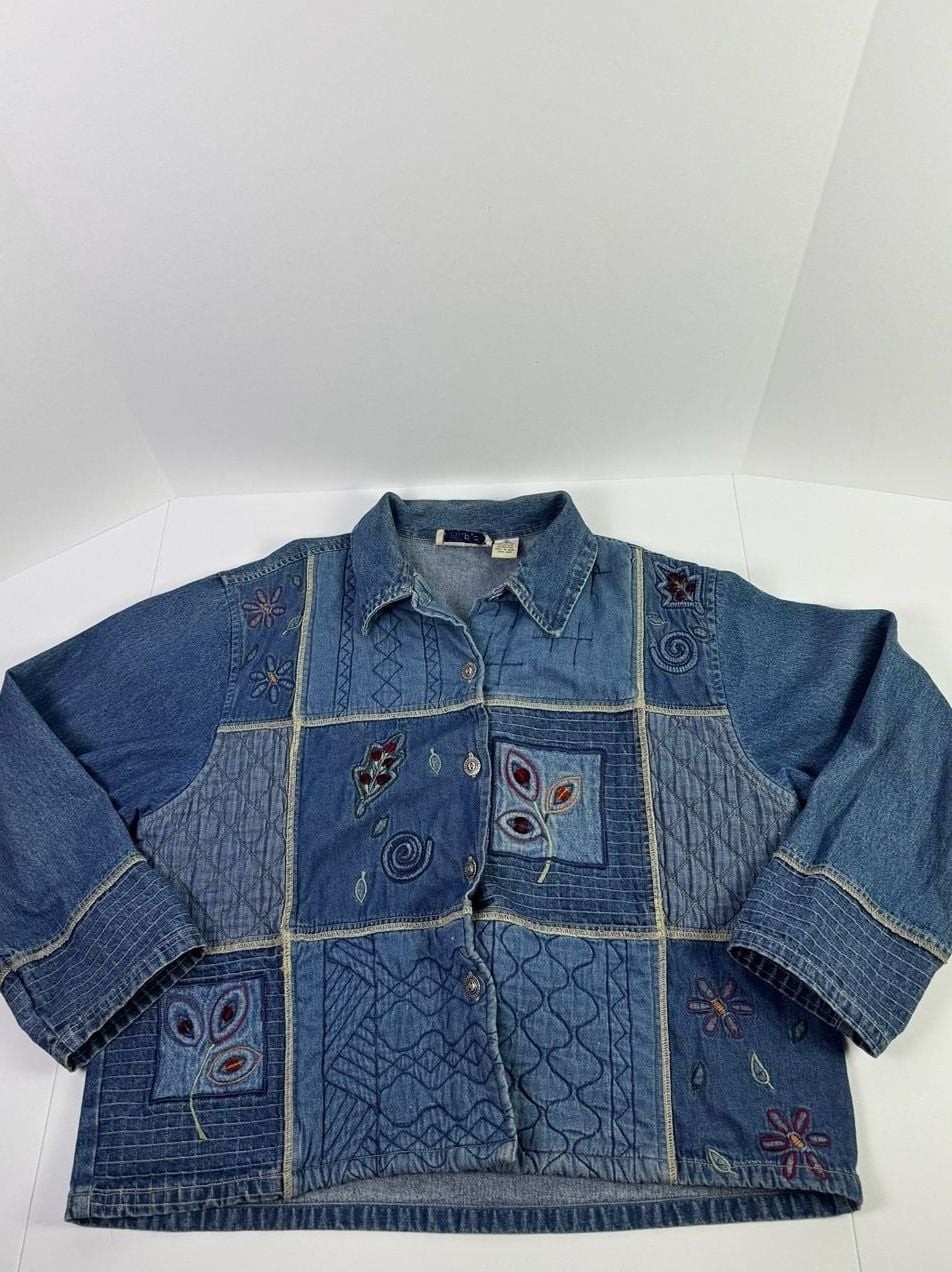 Vintage Sara Studio Patchwork Denim Jacket, Embro… - image 1