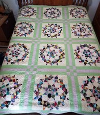 VTG Hand Sewn Lone Star Scrappy Quilt 90" x 68" Pink Green trim