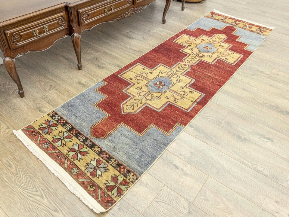 Handmade Turkish Oushak Runner 2.5x8.9 ft – Bold Red & Gold Vintage Style - Image 2 of 4